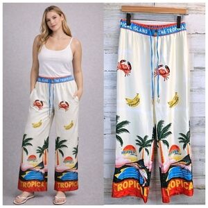 Joie Tropical Satin Wide Leg Pants S Sea Inspired Statement Maximalism Beachy